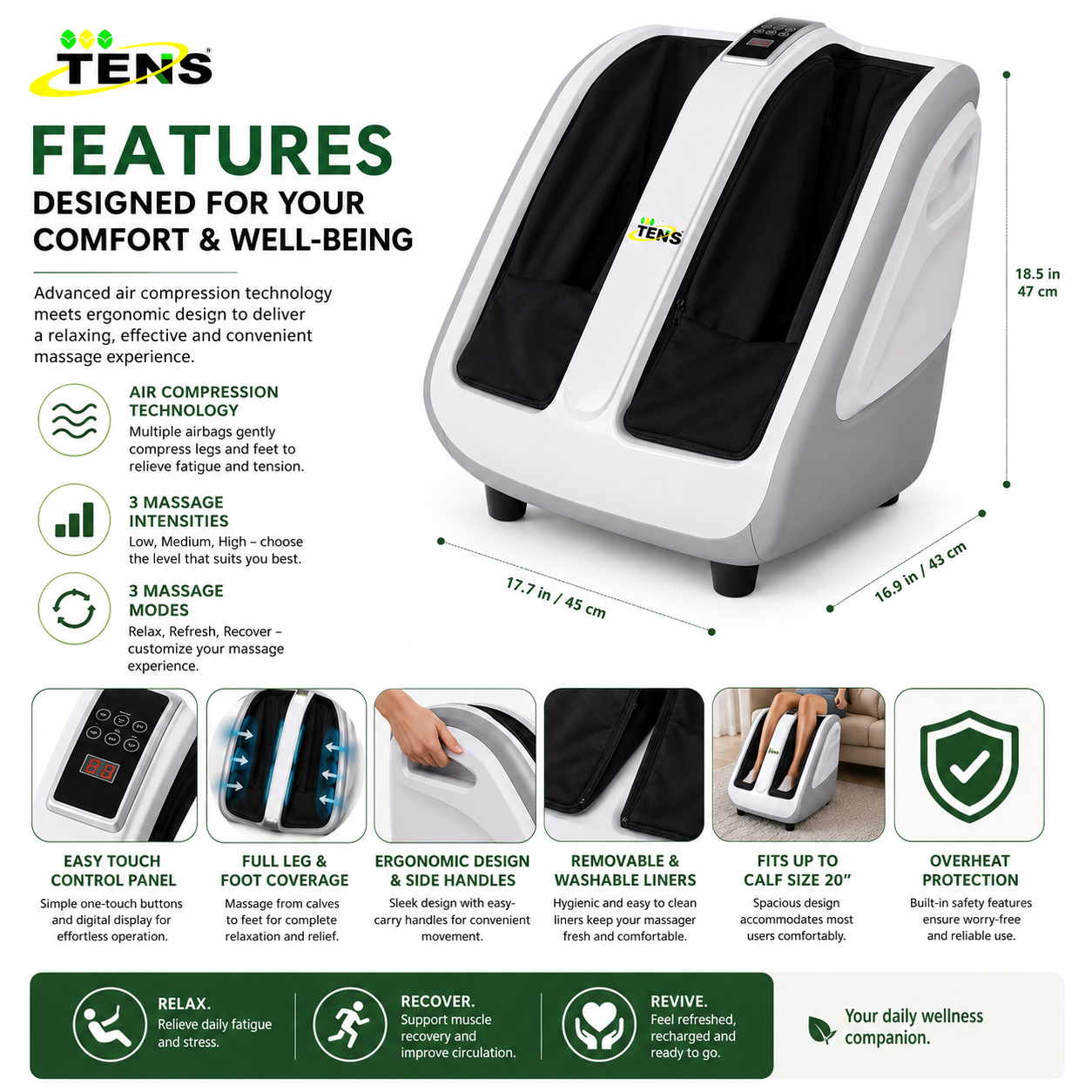 TENS Foot, Calf & Leg Massager 3 Modes Intensity Kneading, Shiatsu or Rolling Massage Vibration & Heat Therapy - Gallery