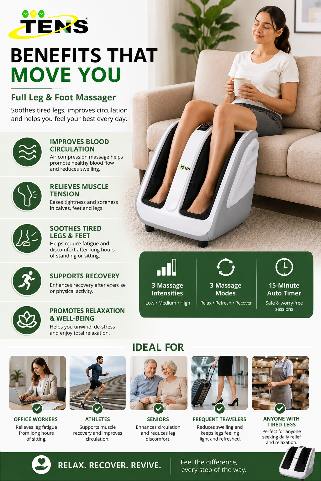 TENS Foot, Calf & Leg Massager 3 Modes Intensity Kneading, Shiatsu or Rolling Massage Vibration & Heat Therapy - Gallery