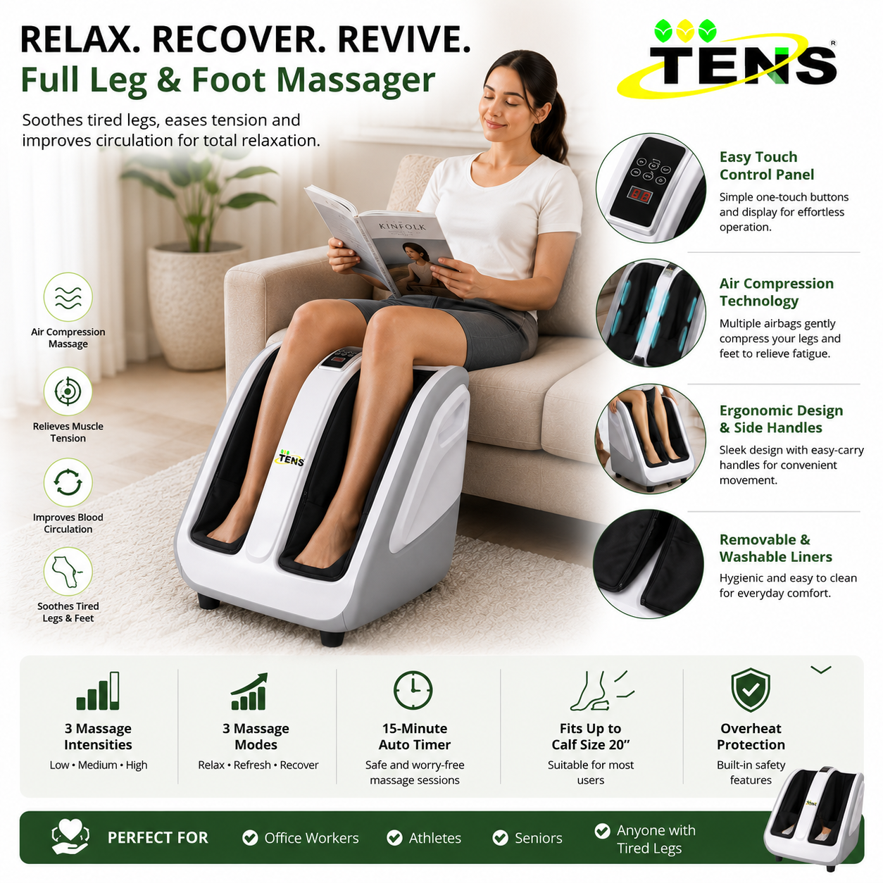 TENS Foot, Calf & Leg Massager 3 Modes Intensity Kneading, Shiatsu or Rolling Massage Vibration & Heat Therapy - Gallery