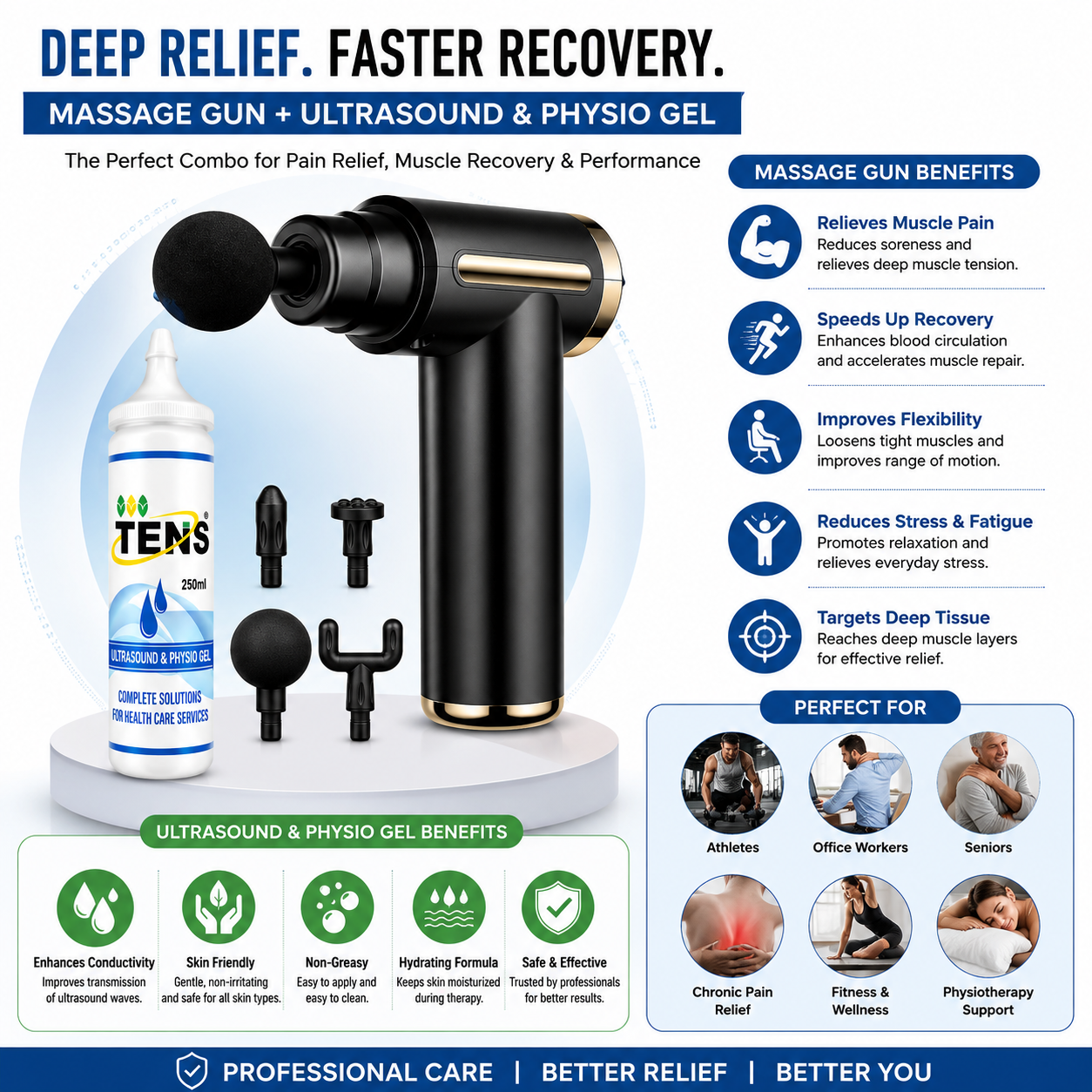 TENS Mini Deep Tissue Massage Gun with Ultrasound & Physio Gel Combo - Gallery