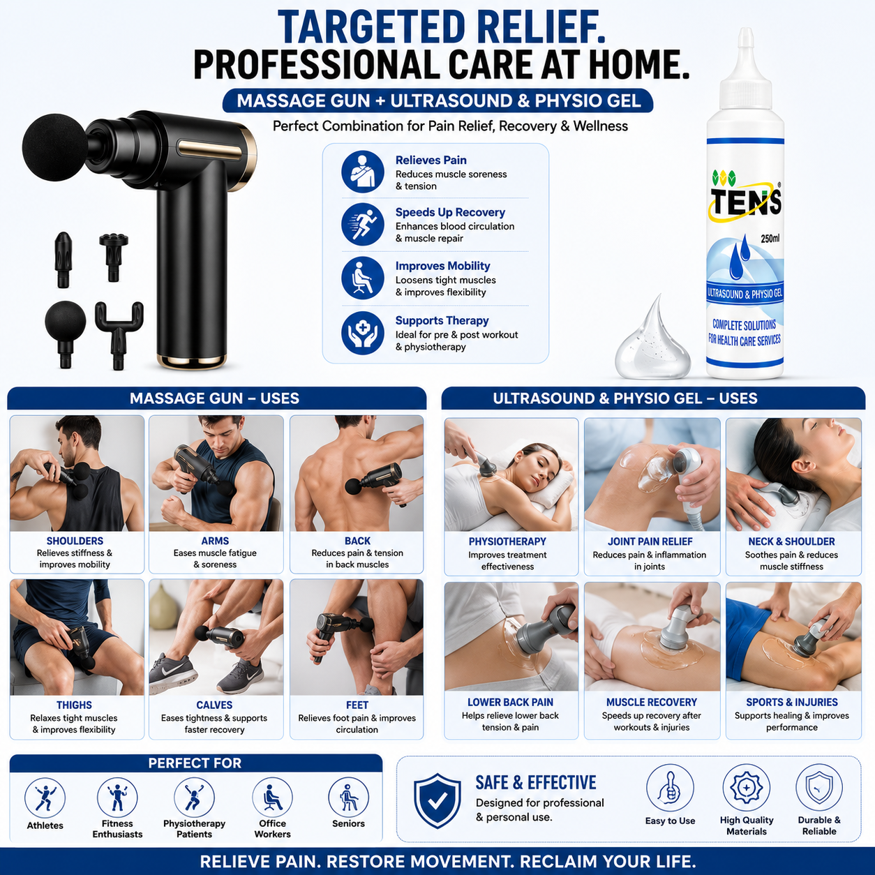 TENS Mini Deep Tissue Massage Gun with Ultrasound & Physio Gel Combo - Gallery